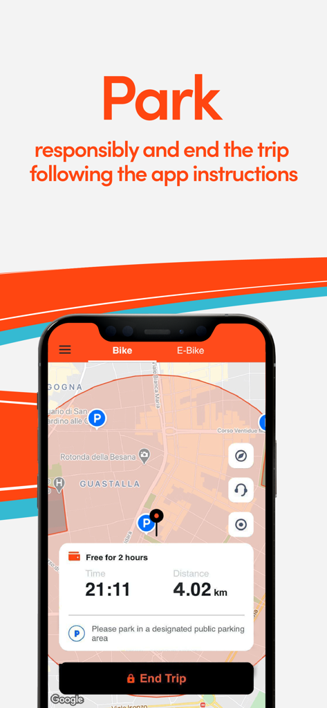 RideMovi Mobile App-Oberfläche, die Parkzonen auf einer Karte und eine Schaltfläche zum Beenden der Fahrt anzeigt.