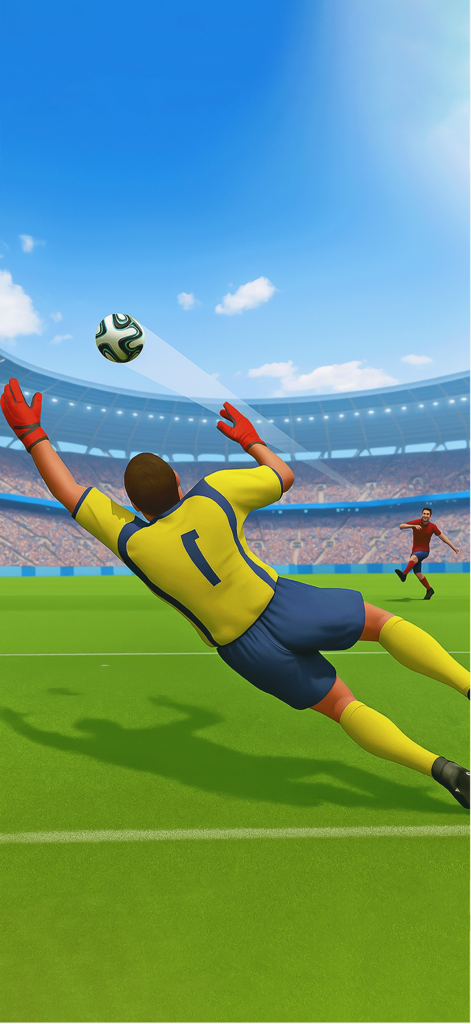 A goalkeeper in a yellow kit dives to save a soccer ball in a stadium during a penalty shootout.