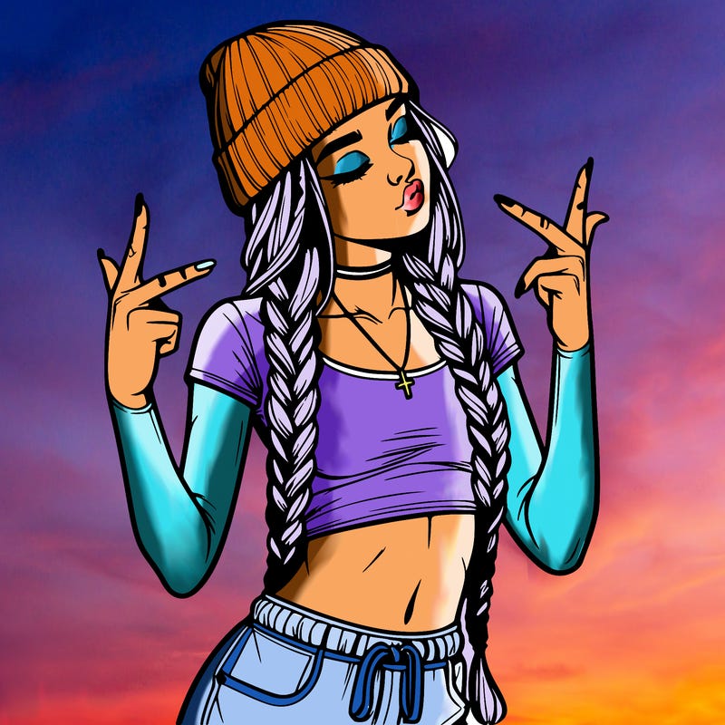 realistic teenage girl with braids and a beanie and crop top doing 🫶🏼