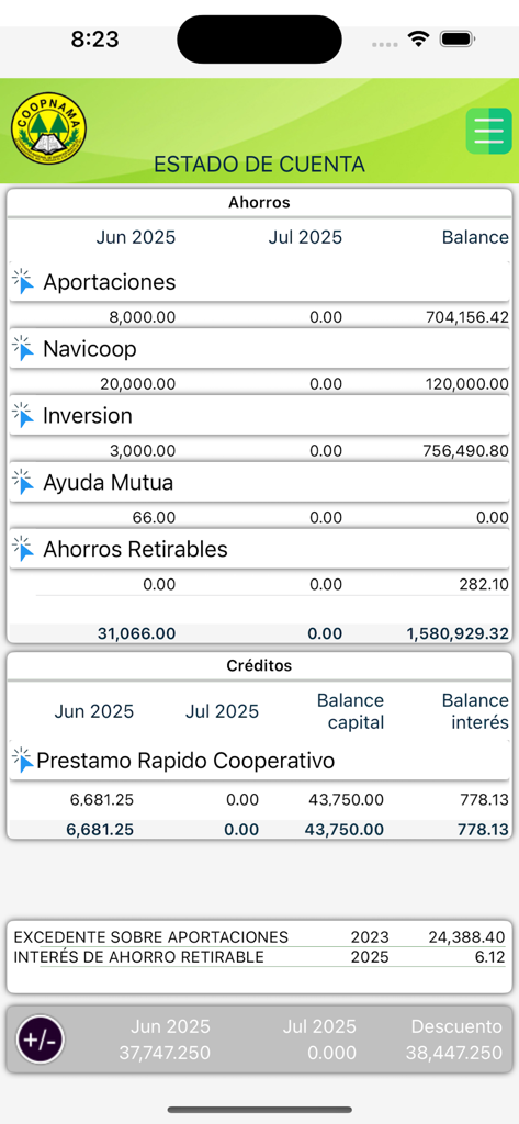 Interface do aplicativo móvel Coopnama mostrando extratos de conta detalhados para economias e empréstimos