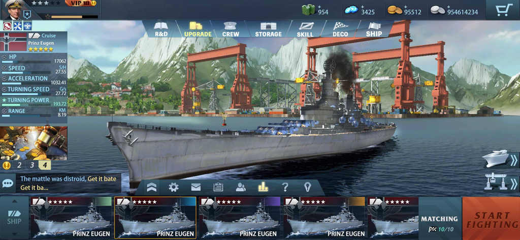 King of Warship: 10v10 Battle - Tela de personalização de navios em King of Warship mostrando um couraçado Prinz Eugen no porto com várias opções de menu.