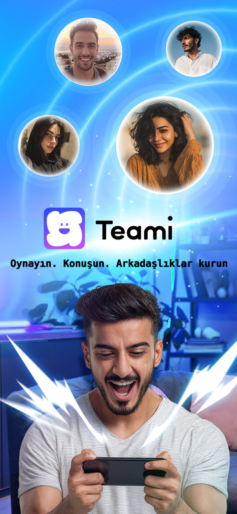 Teami：Team up & Play - Un joven jugando con entusiasmo un juego móvil con imágenes de perfil flotantes de posibles compañeros en la aplicación Teami
