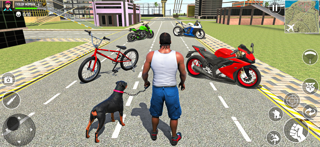 Indian Bikes And Cars Driving - A character with a dog on a leash standing next to several motorcycles and a bicycle in a city environment from the Indian Bikes And Cars Driving game.
