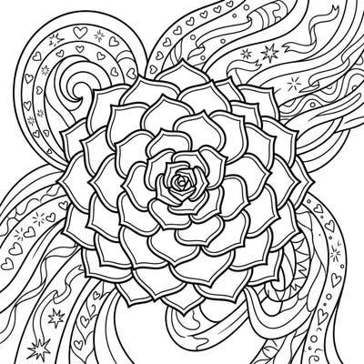 Discover a beautifully intricate Echeveria succulent coloring page, designed to celebrate the vibrant spirit of Pride. This engaging template features a stunning rosette surrounded by festive, flowing patterns filled with symbols of love and diversity.
