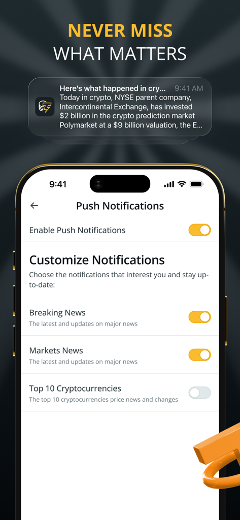 Interfaz de la aplicación Cointelegraph para personalizar noticias de última hora sobre criptomonedas y alertas del mercado