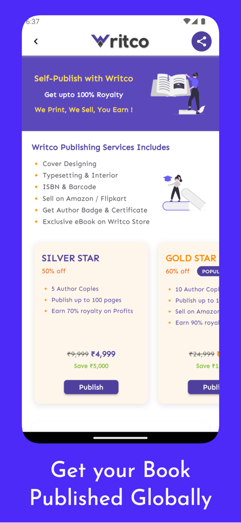 Pantalla de la aplicación Writco que muestra servicios de autopublicación y planes de precios para autores.