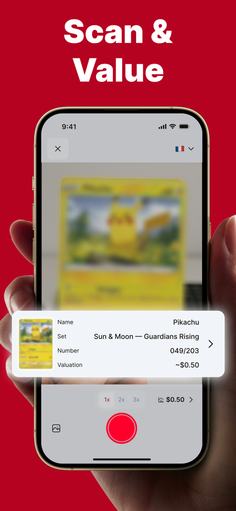 TCG Card Value Scanner - DEX - A mobile phone scanning a Pikachu trading card to reveal its market value and set information