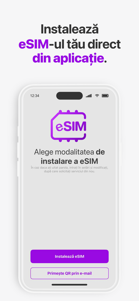my moldcell - The eSIM setup screen of the my moldcell app showing installation options