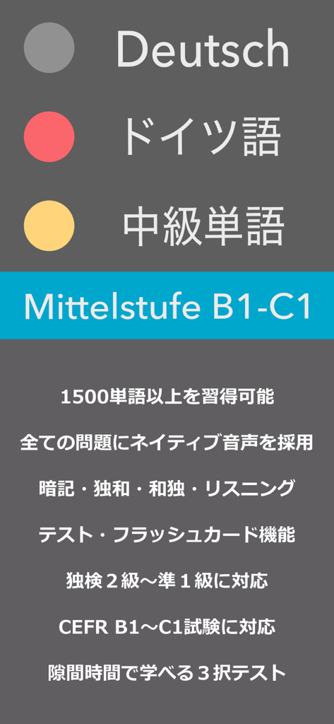Promotional screen for the Mittelstufe Deutsch app highlighting intermediate German vocabulary features for CEFR B1-C1 levels