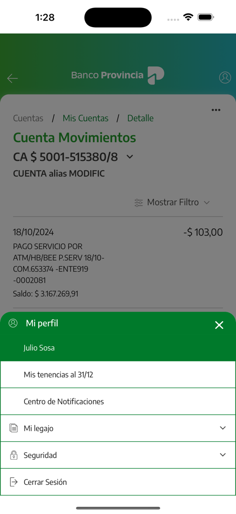 BIP Móvil - Pantalla de banca móvil BIP Movil mostrando el historial de transacciones de la cuenta y las opciones de perfil