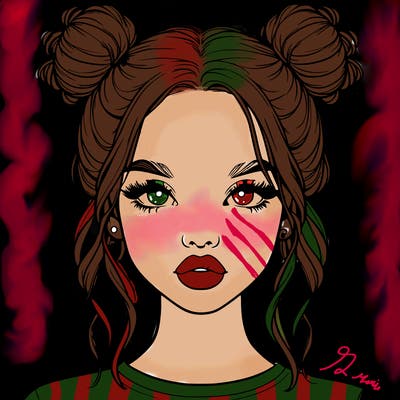 realistic girl with two buns in hair and lips