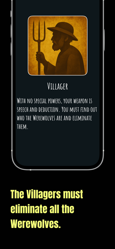 Descripción de la carta de personaje Aldeano en la aplicación de juego móvil Werewolf Undercover.