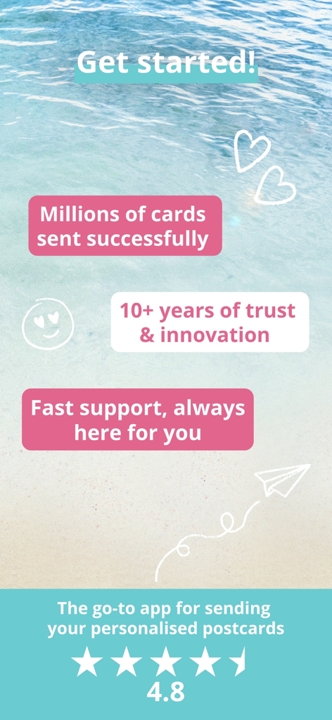 SimplyCards - custom postcard - SimplyCards app welcome screen with beach background highlighting its 4.8 star rating and millions of sent postcards
