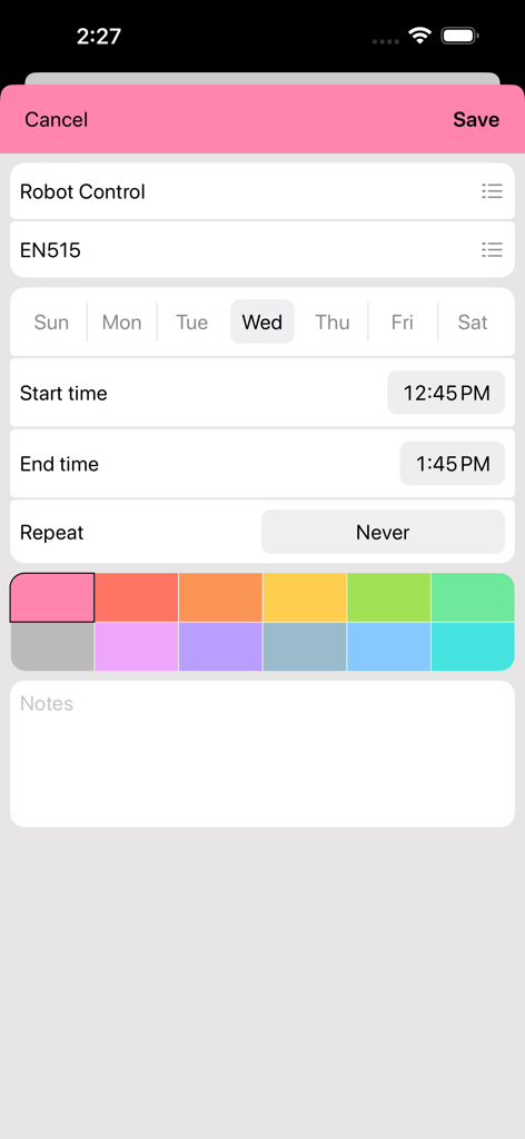 색상 코딩 및 시간 선택 옵션으로 수업 일정 항목 추가 또는 편집을 위한 모바일 인터페이스.