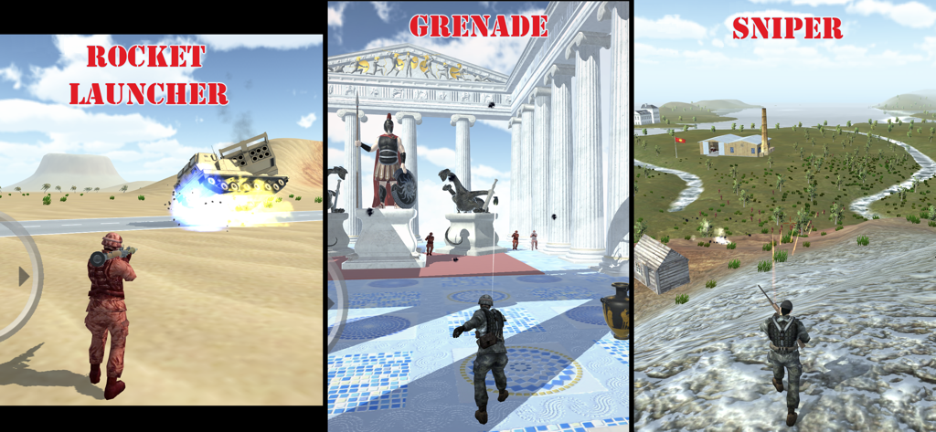 Battle 3D - Strategy game - three screens showing soldier gameplay with rocket launcher grenade and sniper modes in different environments