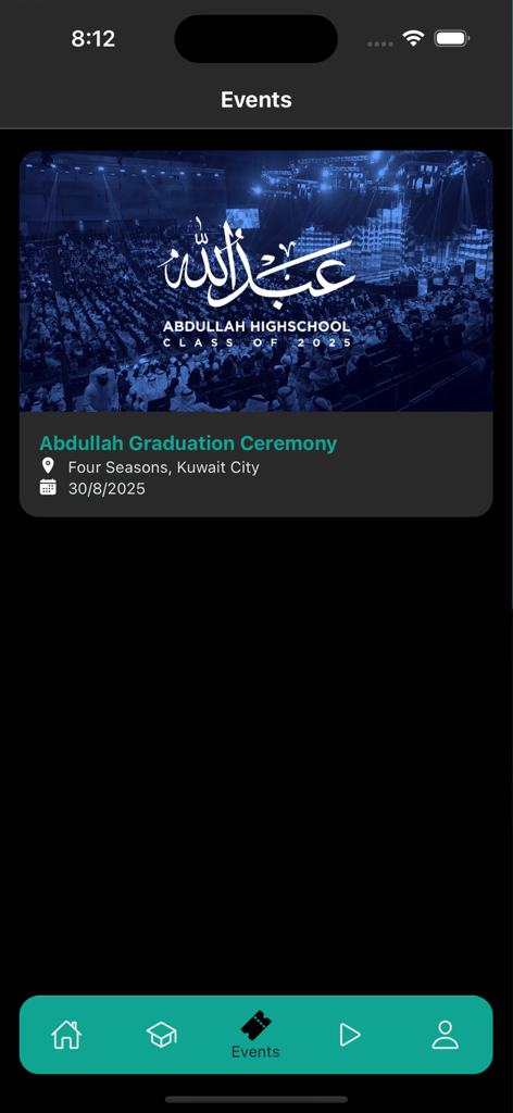 App screen displaying a graduation ceremony event for Abdullah Highschool