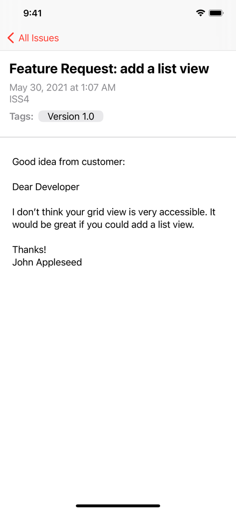 Vista dettagliata di un'issue di richiesta di funzionalità all'interno dell'app Scarlet che mostra descrizione e tag