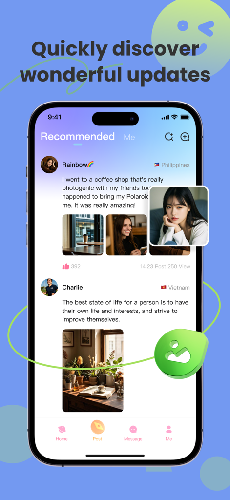 Loha chat - Captura de pantalla de la aplicación Loha Chat mostrando el feed recomendado con publicaciones de usuarios globales.