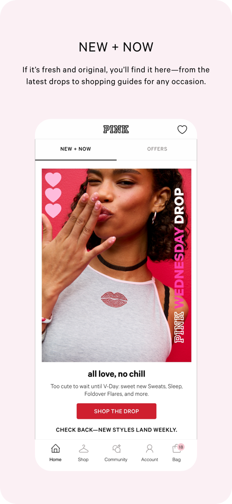 Uno screenshot dell'app Victorias Secret PINK che mostra i nuovi capi d'abbigliamento in saldo e la sezione acquisti "New and Now"