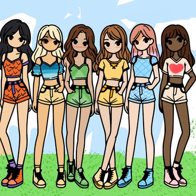 a group of girls wearing crop tops and shorts