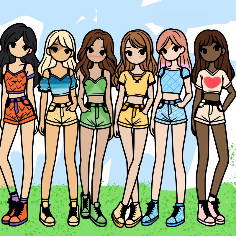 a group of girls wearing crop tops and shorts