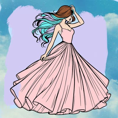 realistic woman with dress flowing in the wind