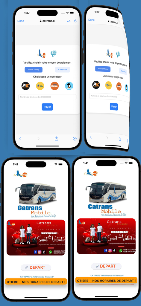 Catrans Mobile - Interface screens of the Catrans Mobile app showing bus ticket booking options and mobile money payment methods.
