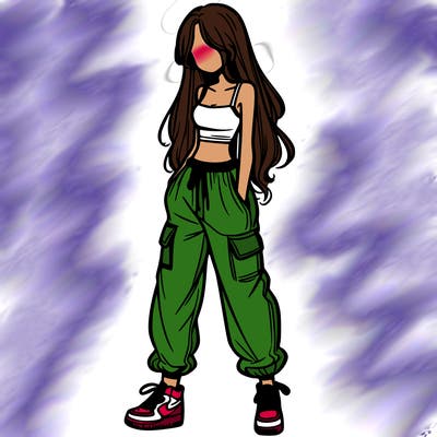 girl in baggy pants crop top and long hair