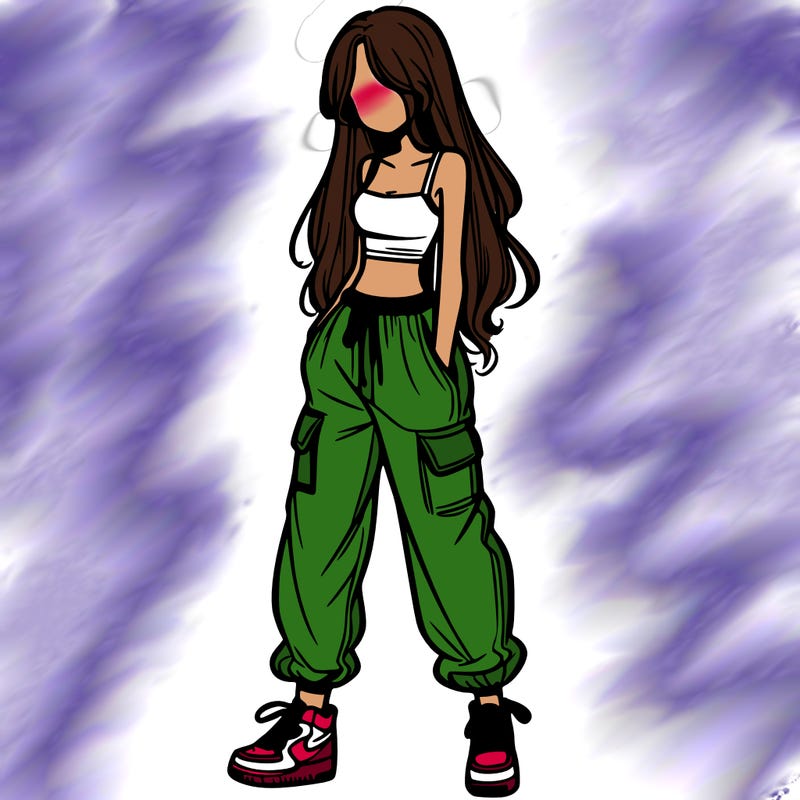 girl in baggy pants crop top and long hair