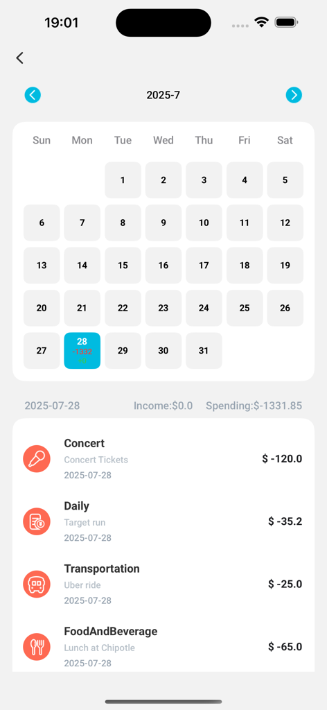 QuackBooks: AI Bookkeeper - Una vista de calendario en la aplicación QuackBooks que muestra las transacciones diarias categorizadas, como entradas de conciertos, transporte y comida.