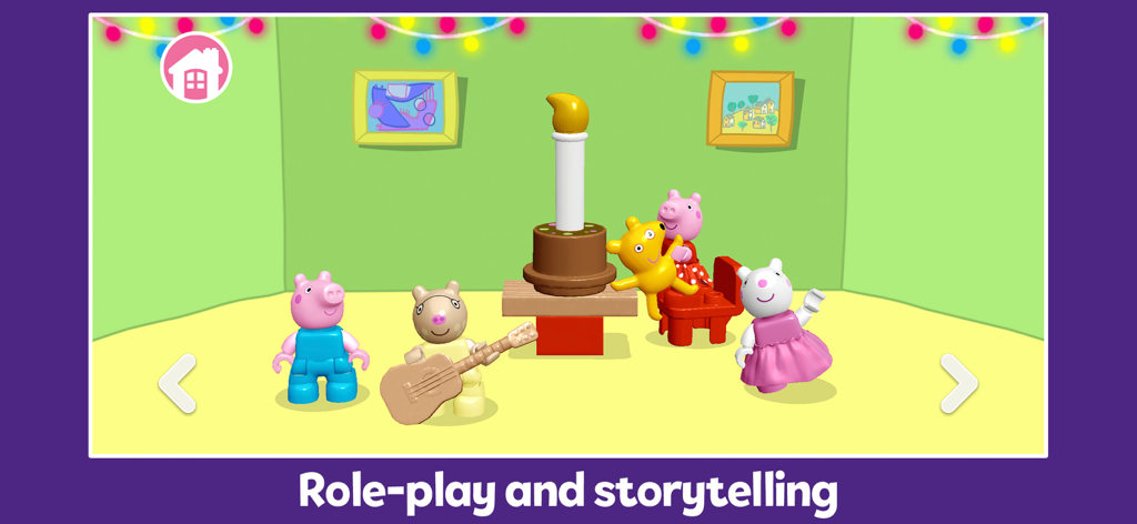 Personajes de LEGO DUPLO Peppa Pig en una habitación con un pastel de cumpleaños para juegos de rol y narración