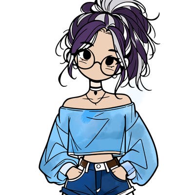 girl with a messy ponytail glasses a baggy crop top and jean shorts