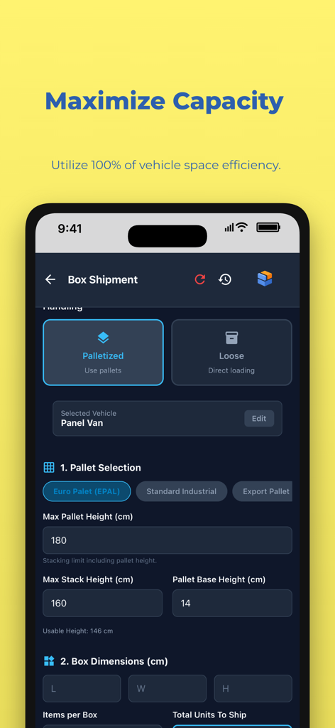 CargoFit Load Planner - Interfaz de la aplicación CargoFit que muestra la configuración de envío de cajas y la selección de palets para maximizar la eficiencia del espacio del vehículo.
