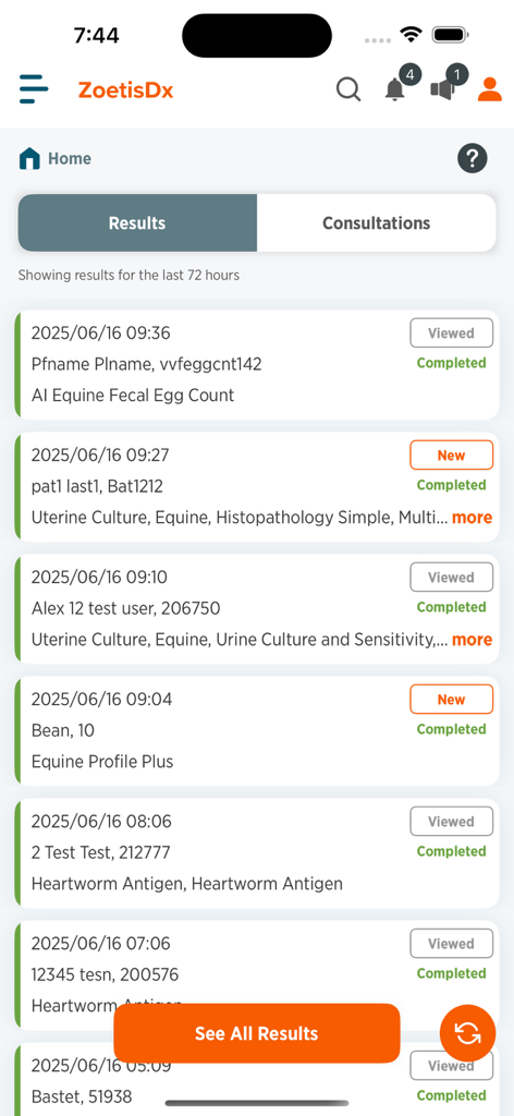 ZoetisDx - ZoetisDx mobile app home screen showing a list of veterinary diagnostic test results and status updates