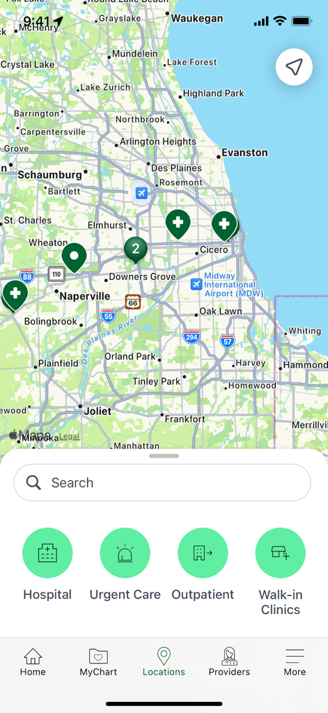 My Rush - Map view of Rush University Medical Center locations in Chicago with search filters for hospitals and urgent care clinics