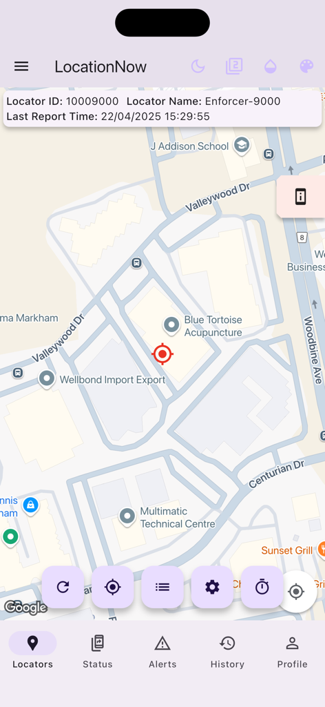 LocationNow - Vista de mapa de la aplicación LocationNow que muestra el rastreo de ubicación en tiempo real de un dispositivo IoT conectado