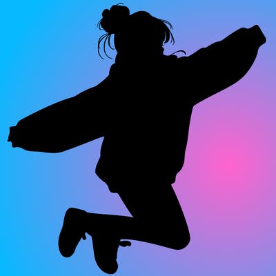 realistic girl jumping with a bun and oversized sweatshirt