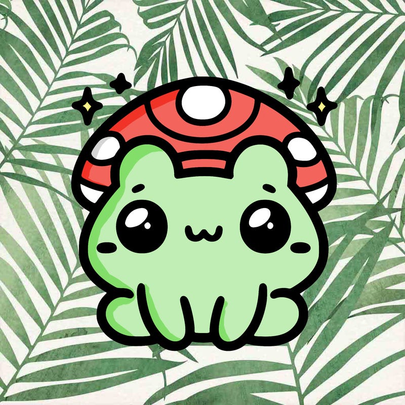 a cute kawaii frog with a mushroom on its head