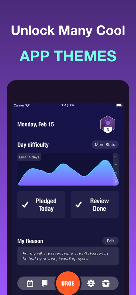 HarmLess: Self Harm Tracker - Interfaccia dell'app HarmLess che mostra il monitoraggio del recupero e temi personalizzabili