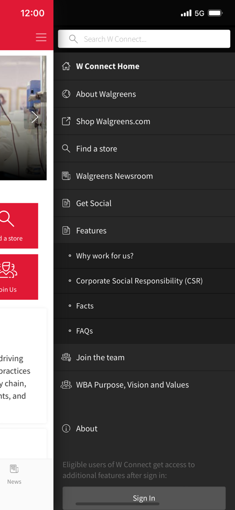 W Connect By Walgreens - Navigation menu for the W Connect By Walgreens app showing links for employees and recruits