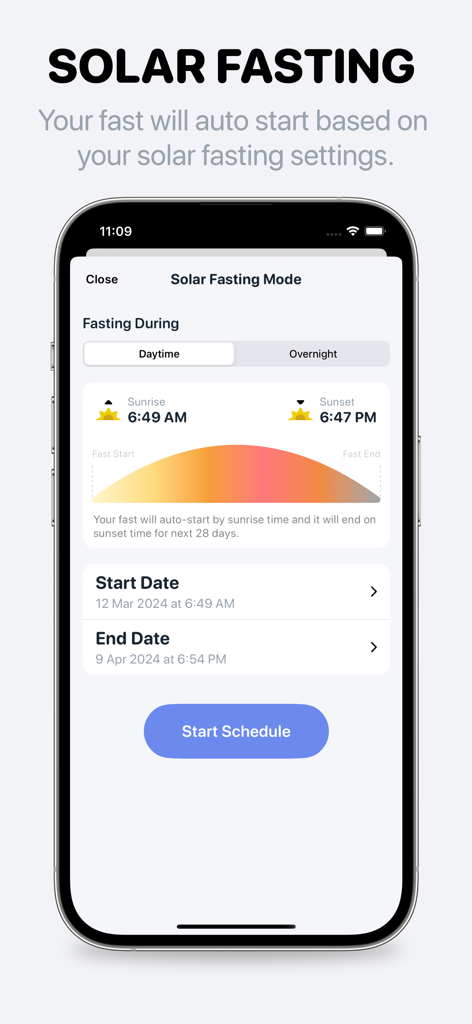 Easy Fast Tracker－FastMinder - Captura de tela do aplicativo FastMinder mostrando as configurações do modo de jejum solar com horários de nascer e pôr do sol