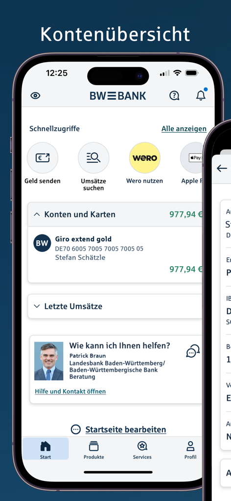 Visão geral da conta do aplicativo móvel BW-Bank mostrando saldo e recursos de acesso rápido no iPhone