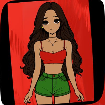 a realistic girl with long hair and in a crop top and shprts