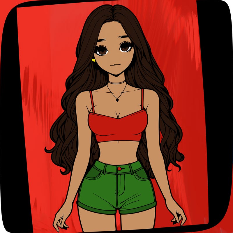 a realistic girl with long hair and in a crop top and shprts