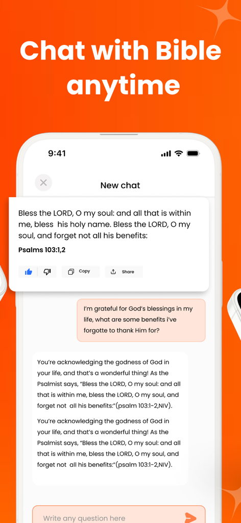 Bible Chat AI - Daily Verses - Bible Chat AI app interface showing a conversation about scripture