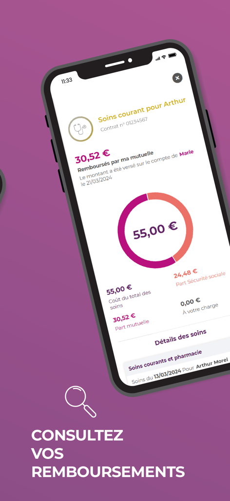AÉSIO mutuelle - AESIO mutuelle mobile app interface showing health insurance reimbursement details and charts