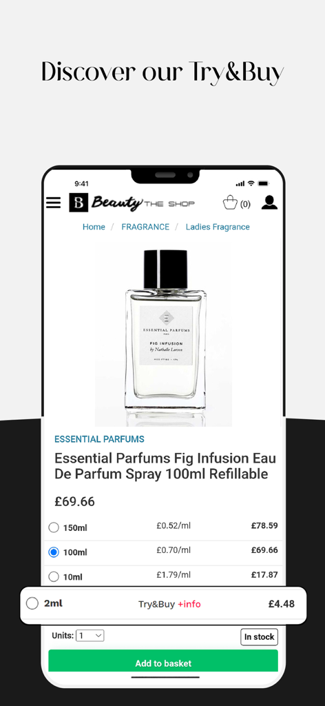 BeautyTheShop app product page for Essential Parfums with Try and Buy feature