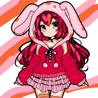 pretty anime girl wearing a fluffy hoodie with bunny ears on the hood and a skirt
