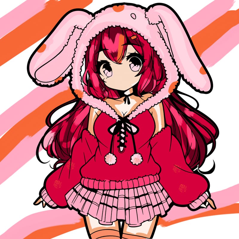 pretty anime girl wearing a fluffy hoodie with bunny ears on the hood and a skirt
