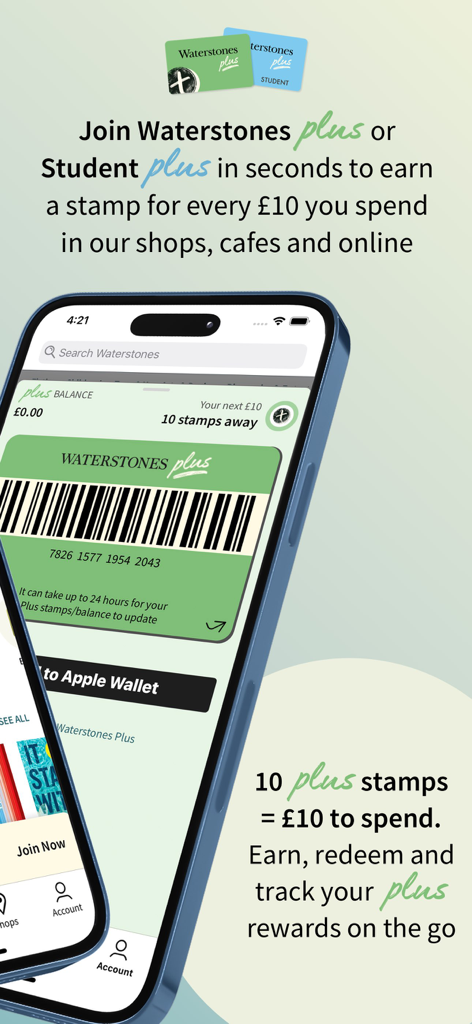 Mobile Ansicht der Waterstones Plus-Treuekarte und des Prämienprogramms.